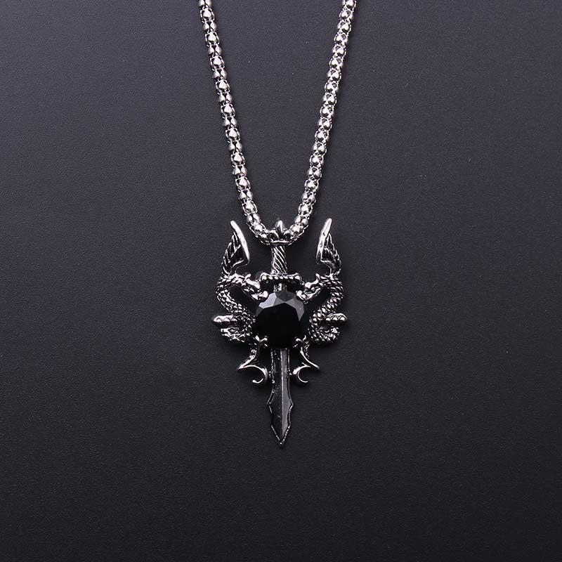 Men Accessories Necklace - Kalung Salib Permata Hitam Naga Ganda